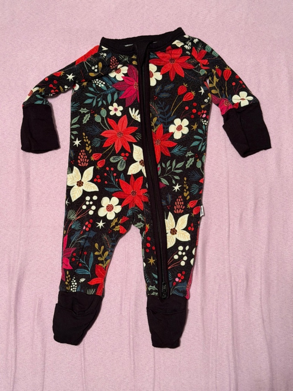 Little Sleepies Black Floral Footed Pajamas with Red & Cream Flowers